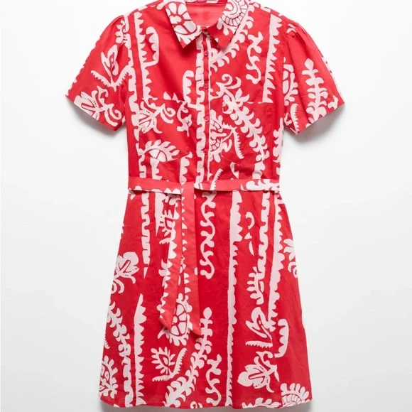 Mango Red & White Print Patterned Mini Dress in 100% Cotton with Pockets - Picture 8 of 14